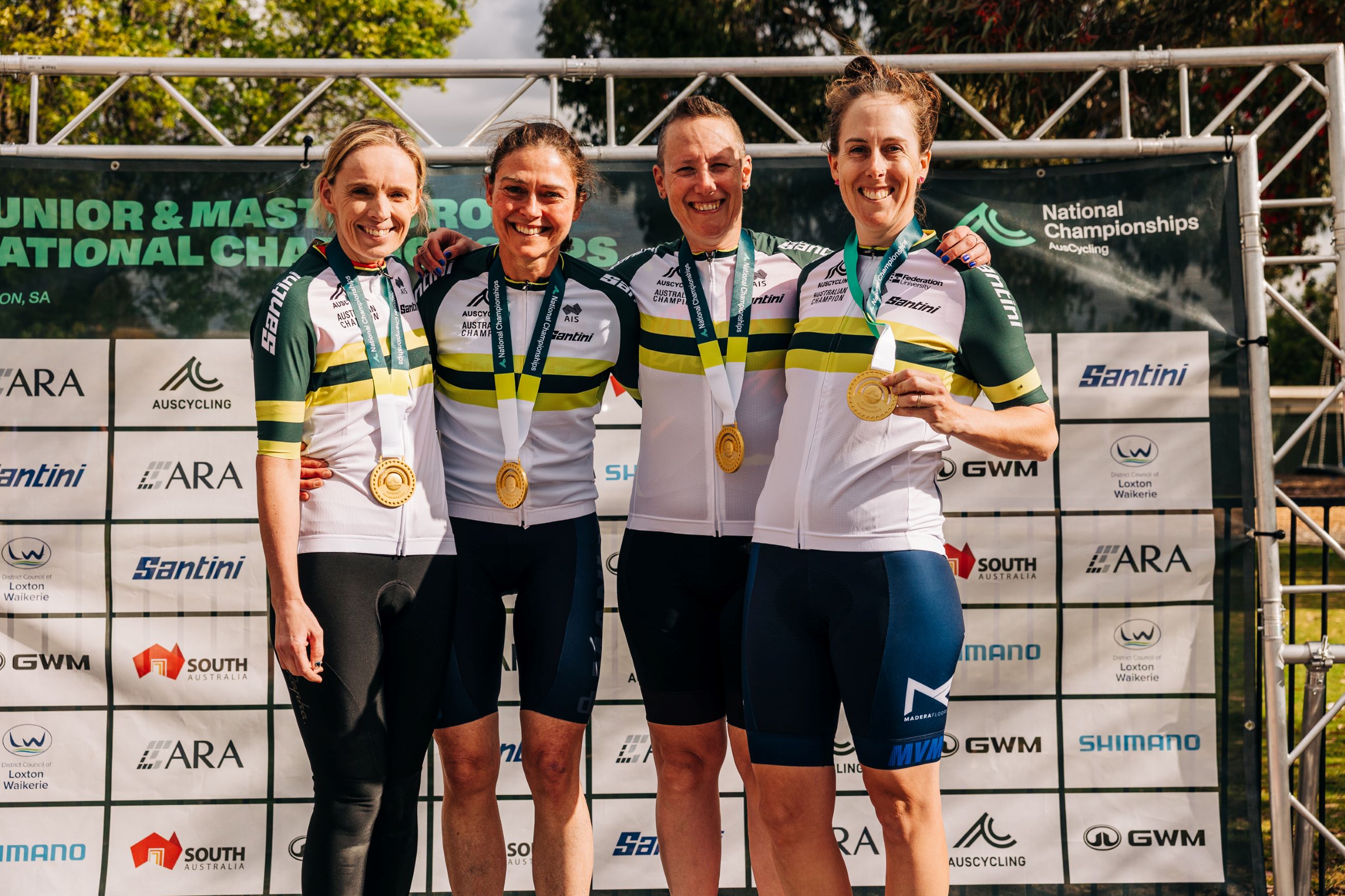 The winners of the women's masters 2, 3, 4 and 5 road race championships in green-and-gold jerseys of Australian champion at the 2024 AusCycling Masters & Junior Road National Championships in Loxton